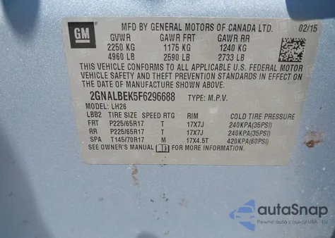 2015 Chevrolet Equinox 1Lt z USA, uszkodzony, nr VIN 2GNALBEK5F6296688